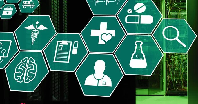 Animation of floating icon in hexagons over server room in background