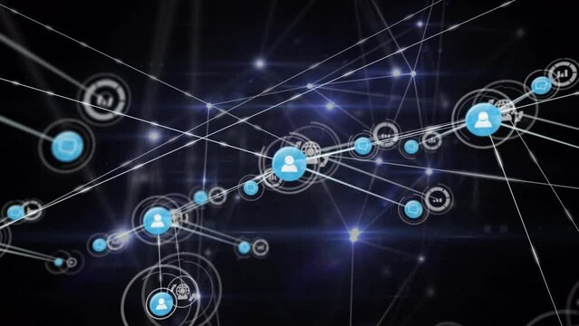 Animation of glowing network of connections and digital icons against black background