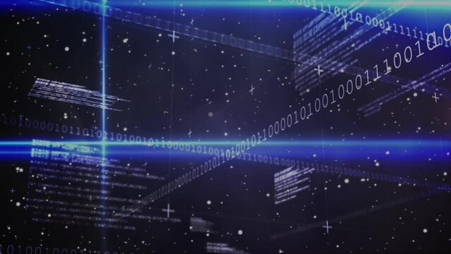 Animation of purple shooting star over data processing and blue light trails on black background