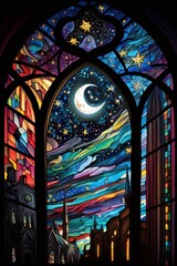 A digital illustration of a stained glass window depicting a night scene over a cityscape. Generative AI. 
