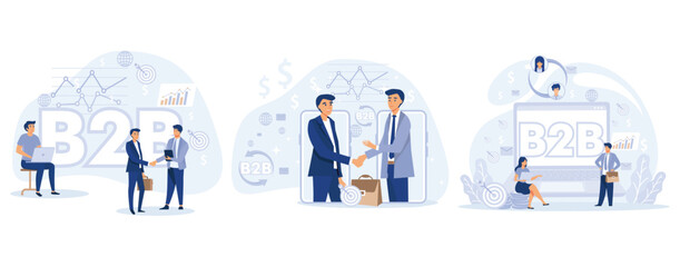B2B Business to business. Successful business collaboration. Tiny businessmens enter into agreement. Marketing strategy, commerce, set flat vector modern illustration
