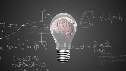 Animation of spinning human brain in a electric bulb and mathematical equations on grey background - Powered by Adobe