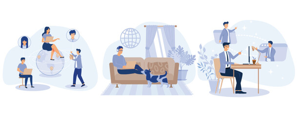 Distance working concept, Outsourcing, work home office, online conference, freelance job, team digital meeting, IT business, internet platform, set flat vector modern illustration