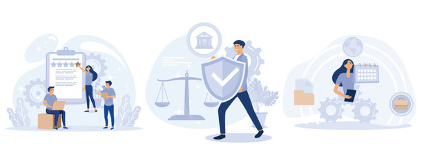 Employee performance concept, Quality work, accountability and discipline, experienced worker, leadership role, legal liability, action and decision, set flat vector modern illustration