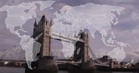 Animation of world map and data processing against view of london bridge - Powered by Adobe
