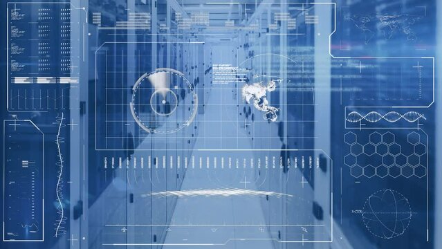 Animation of financial data processing with sope scanning and globe over server room