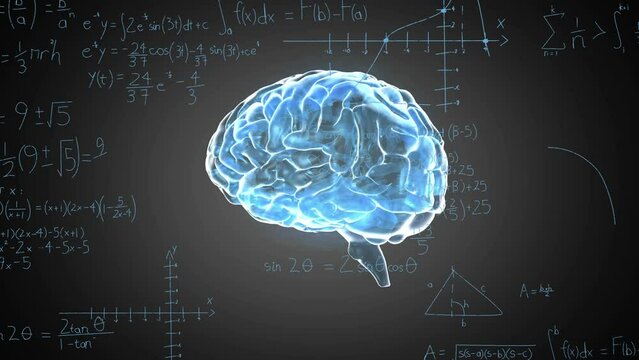 Animation of mathematical equations over spinning human brain icon against black background