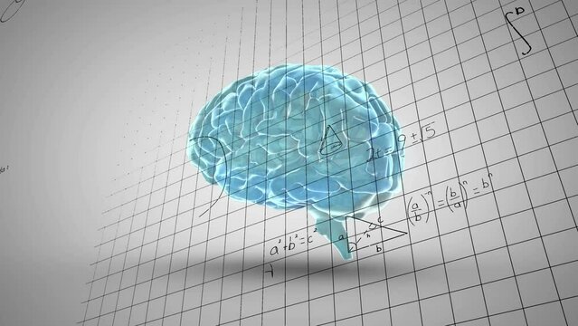 Animation of mathematical equations over spinning human brain icon against grey background