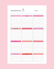 Groceries List Planner. Minimalist planner template set. Vector illustration. Cute style with Sean and Sea partners. 