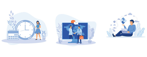 App for tracking menstrual cycle and ovulation, online conclusion of the transaction, people connecting puzzle elements. Symbol of teamwork, set flat vector modern illustration