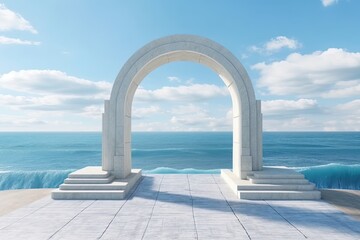 majestic white arch standing at the edge of the ocean created with Generative AI technology