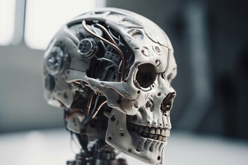 robot head, white, with mechanical parts