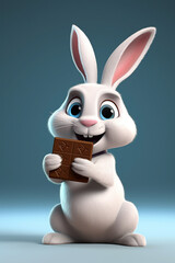 cute white rabbit character, smiling, holding chocolate bar