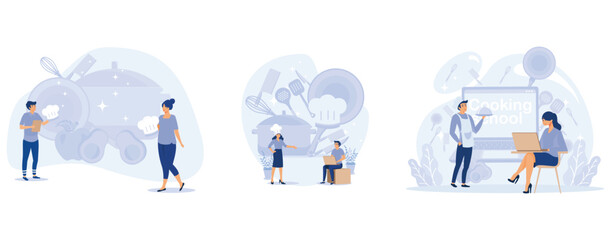 Cooking school - text on kitchen frying pan. Culinary master class online. Tiny chef in hat with kitchen tools and foods, set flat vector modern illustration 
