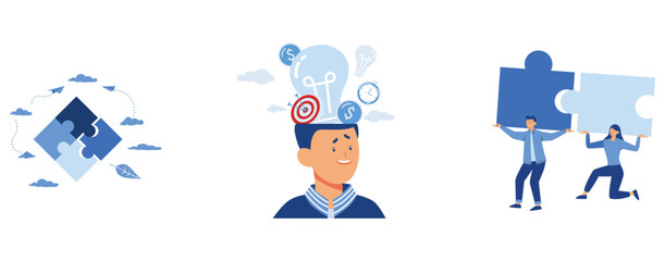 Fototapeta premium jigsaw puzzles are a great element of team work and search for ideas, brainstorming thought process, puzzle Team elements Business concept, flat vector modern illustration 