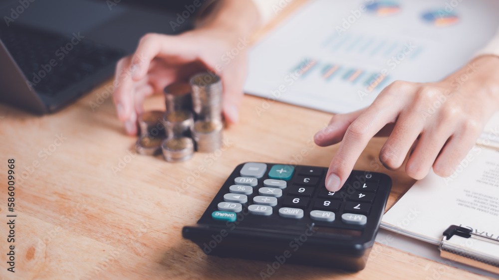 Poster business people use calculator to calculate documents, profit and loss statement review concept of c