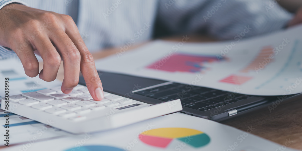 Poster business people use calculator to calculate documents, profit and loss statement review concept of c
