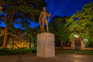 Night view of statue of King Felipe II in Valladolid, Spain