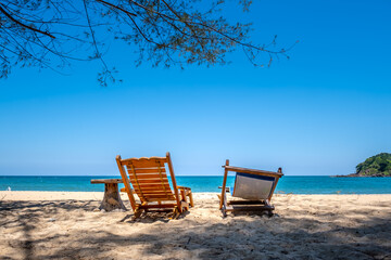 Trampoline beds and empty beach in Koh Phra Thong, Phang Nga, Thailand