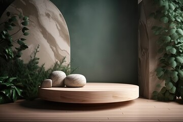 minimalistic wooden table with two smooth rocks placed on its surface created with Generative AI technology