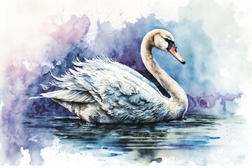 A graceful swan gliding on a lake, with a watercolor background featuring shades of blue and purple to evoke a serene and tranquil atmosphere Generative AI