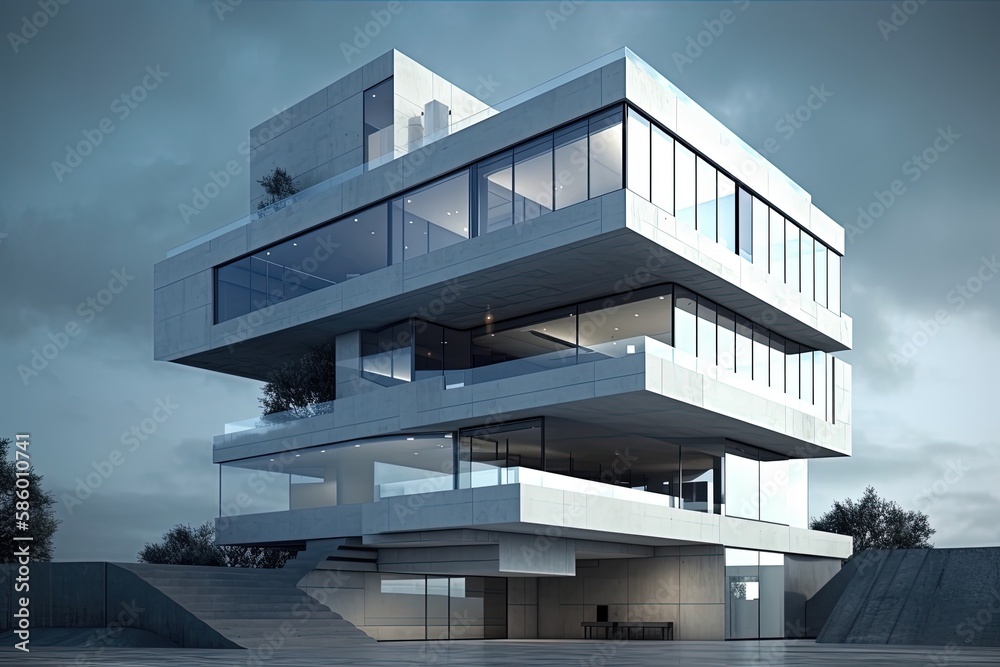Wall mural modern skyscraper with a glass facade and many windows created with generative ai technology