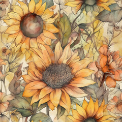Sunflower,beautiful organza, watercolor, floral, sunflowers ,lines, wallpaper, summer , Ai generated 