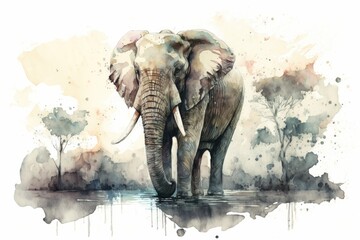 Fototapeta na wymiar A majestic elephant standing in a river, with watercolor splashes creating a dreamy and serene effect Generative AI