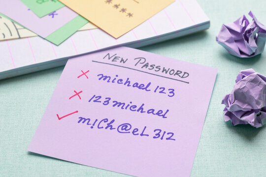 Creating strong password ideas handwritten on note paper. Digital protection concept.