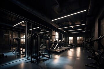 Naklejka premium Luxury gym, workout are and treadmill, dark and cinematic lighting, generative ai