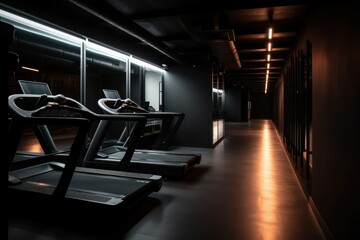 Luxury gym, workout are and treadmill, dark and cinematic lighting, generative ai