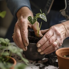 hands working in an urban garden and soil, while planting new plants, ai