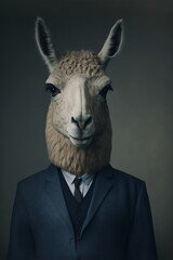 portrait of a llama business man, llama human, working animals concept, Anthropomorphic animals generative art. 