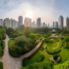 aerial shot of amazing green park in a city, ai