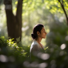 woman meditating and yoga in a green forest in the day, ai