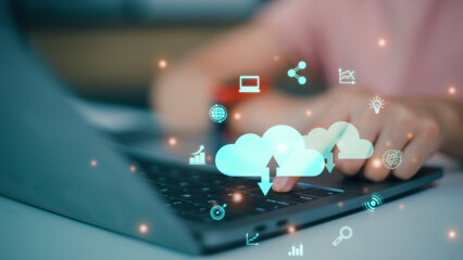 Cloud computing concept.Virtual cloud computing with world and technology items such as upload download. Cloud technology management big data includes business strategy and customer.