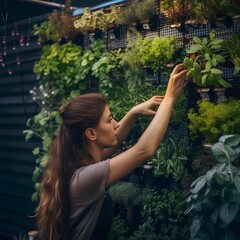 girl tending to her indoor wall of plants, ai