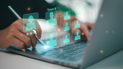 Online recruitment application specialist search service concept with virtual cards with rating and profile information on a laptop on a futuristic virtual interface screen.