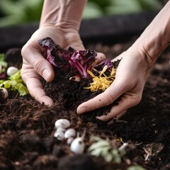 hands working in an urban garden and soil, while planting new plants, ai