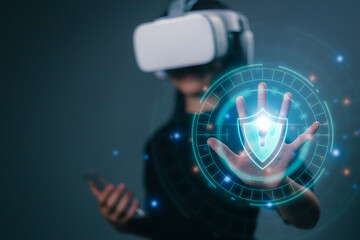 Women wearing VR glasses the protection system cyber security, Login, User, and Cybersecurity privacy protection data. 2FA internet network security technology, Cyber Security privacy.