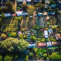 aerial shot of community garden and buildings, amazing layout, ai