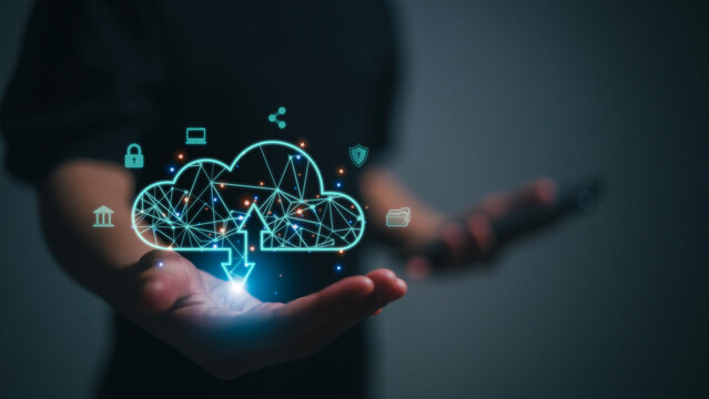 Businesswoman with cloud computing diagram show on hand. Cloud technology. Data storage. Networking and internet service concept.