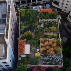Fototapeta na wymiar aerial view of a garden on top of city building, ai