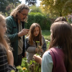 man teaching children to garden, ai