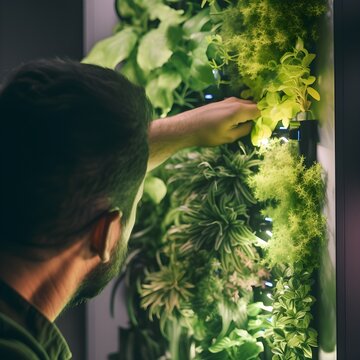 man tending to his plant indoor, ai