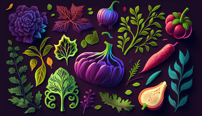 Vegetable pattern hand-drawn illustrations with bold, vibrant colors. Generative AI.