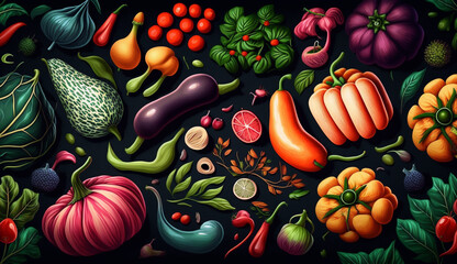 Vegetable pattern hand-drawn illustrations with bold, vibrant colors. Generative AI.