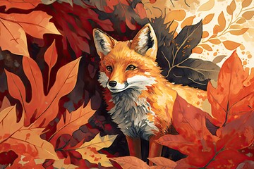 Fototapeta premium A mischievous fox playing in the leaves, with a watercolor background featuring shades of orange and red to create an autumnal setting Generative AI