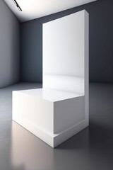 White modern square display case diagonally faced. Blank studio space for product display. Stage display showcase.