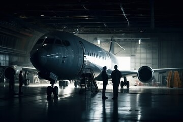 Aviation and aerospace engineers in front of airplane in a hangar, cinematic, generative ai - obrazy, fototapety, plakaty